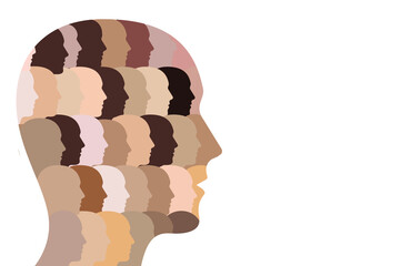 A representation of diversity and equality made of multicultural, ethnic faces with unique skin tones. Head silhouette with black and white multiracial skin. Society, culture, and Racism.