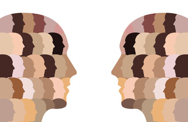 Two multicultural head silhouettes looking at each other. A representation of diversity and equality made of multicultural, ethnic faces with unique black and white race, cultural, skin tones