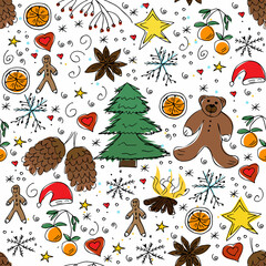 seamless set of hand-drawn colorful Christmas elements in the style of doodles for conceptual design, gift packaging, textiles. vector illustration isolated on a white background.Christmas celebration