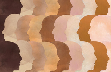 Diverse heads with unique ethnic skin tones illustrated with watercolour textures. A representation of immigration, cultural diversity, racism, equality and globalization