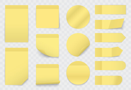 Yellow paper sticky notes, stickers set vector illustration. 3d realistic reminder labels of different shapes to notice important information on office board isolated on transparent background