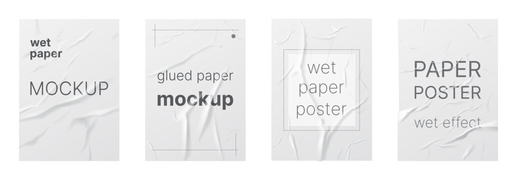 Wet paper with wrinkles, blank crumpled effect texture set vector illustration. 3d realistic wrinkled sheets, wet blank poster billboard mockup, bad glued paper on wall with text isolated on white