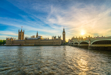 Fototapeta na wymiar Big Ben at sunset with reflection in London, England