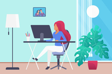 Freelancer woman, teleworking at home, telecommuting career. Businesswoman managing at distance, fulfilling Internet orders, flat vector design