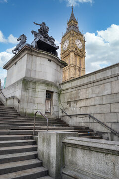 Boudiccan Rebellion monument and Big Ben in London, England