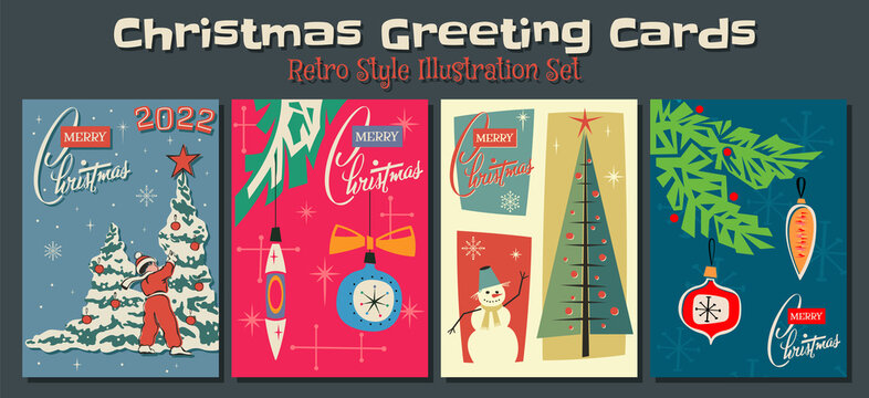 Merry Christmas Greeting Card, Retro Style Illustrations, Snowman, Decorations, Tree, Snowflakes
