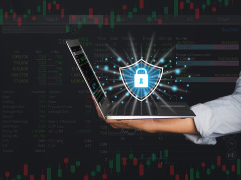 Safety for trade stock. Cyber security firewall privacy. Data protection. Padlock icon and internet technology networking. Businessman protecting data personal information on a virtual interface