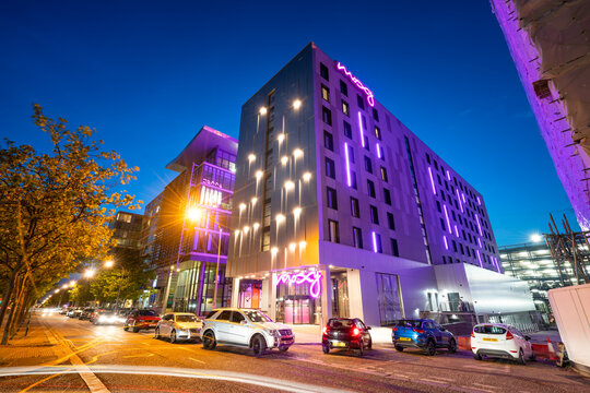 Milton Keynes,England-September 2021: Moxy Milton Keynes Hotel At Dusk In The City Centre. Moxy Is A Brand Of Marriott Hotels