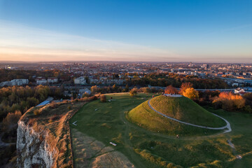 Krakus Mound also called the Krak Mound in fall colors at sunset - obrazy, fototapety, plakaty