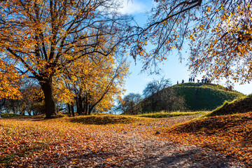 Scenic pathway to Krakus Mound in autumn colors - obrazy, fototapety, plakaty