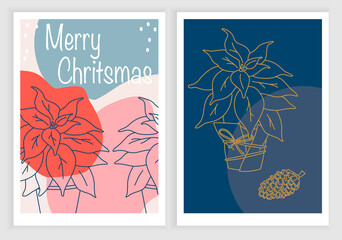Merry Christmas cards set with hand drawn elements, line vector illustration poinsettia in pot on abstract background