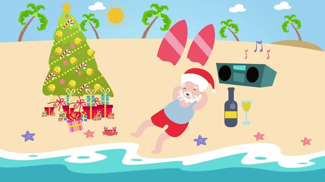 Santa claus lying on beach while enjoying holiday