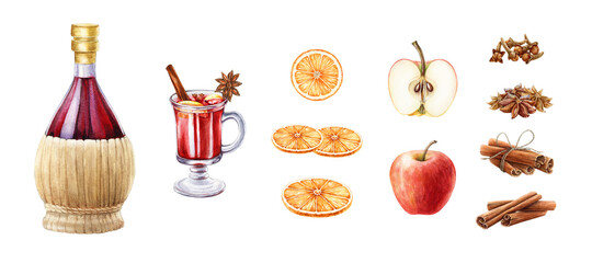 Mulled wine ingredients set. Watercolor illustration. Hand drawn winter warm spicy punch elements. Red wine, grog, cinnamon, star anise, orange slice, apple and clove. White background
