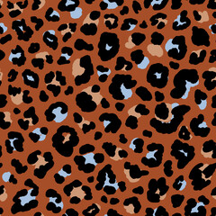 Leo print seamless repeat pattern. Random placed, vector animal skin all over surface print on brown background.