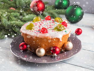 Artisanal Italian christmas cake with sweet decor and xmas ornament