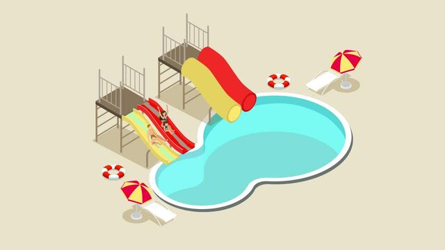 Happy family sliding down together on water slide
