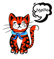 Striped cat is sitting and saying Meow. Vector illustration in doodle style.