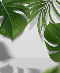 Tropical background for your advertising. leaves or flowers.Monstera. 3D realistic plants. Element for design. Advertising, Brochure, background.