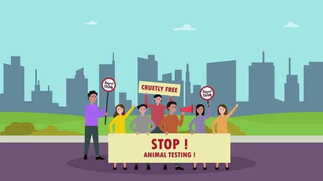 Group of people showing stop animal testing text