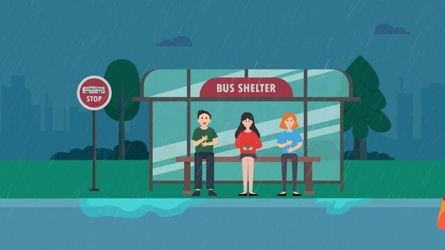 Group of people waiting the bus in rainy day