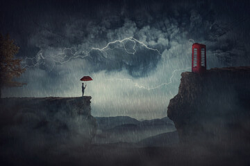 Person with an umbrella under the storm, stands on the edge of a cliff, need to pass the over side...