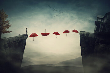 The way back home with a person on the edge of a cliff planning to pass the abyss by stepping on the floating umbrellas. Surreal scene with flying umbrella like a pathway or bridge to another side