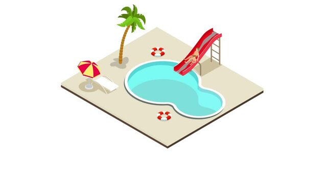 Child and father sliding down in the water slide