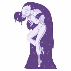 Young girl is clutching her head. Mental Health and mental disorder concept. Exhausted hand drawn cartoon character isolated on white background. Depression and apathy vector illustration.