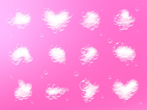 Soap foam pieces with bubbles isolated on pink background. Top view of sparkling shampoo and bath lather clouds. Vector.