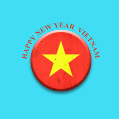 Happy New Year Vietnam. Vietnam flag, round badge on a light blue background. Isolated.3D illustration.