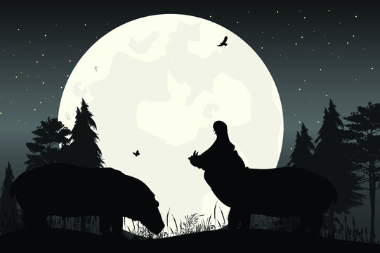 cute hippo and moon silhouette