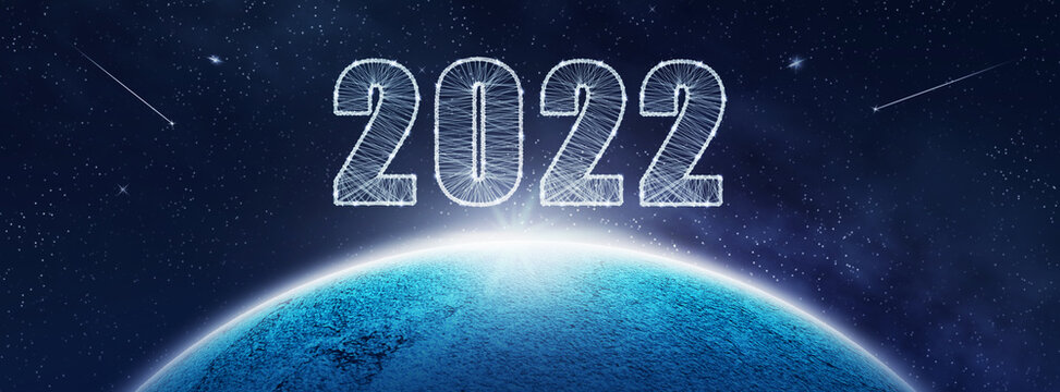 2022, numbers on the planet in space. New Year concept. Abstract background with stars and planet. Christmas background. Festive background.3D illustration.
