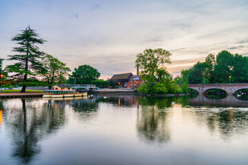 Stratford upon Avon at sunrise seen from the riverside, England