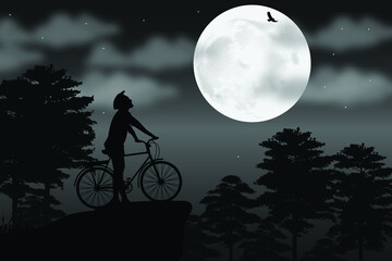 cute cyclist and moon silhouette