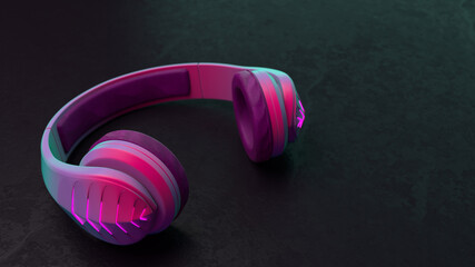 3D Illustration of Purple Blue Wireless Plastic Headphones on a Dark background
