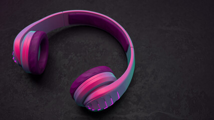 3D Illustration of Purple Blue Wireless Plastic Headphones on a Dark background