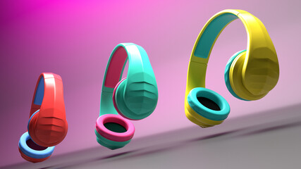 3D Illustration of Three Wireless Plastic Headphones