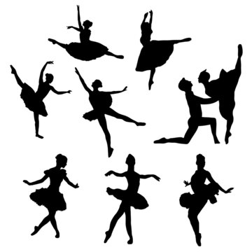 Ballerina poses dancing silhouettes shadows couple motion woman man ballet figure shape multiple set 