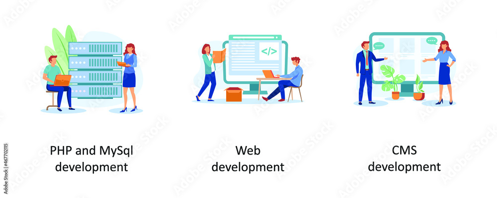 Poster php and mysqi development, web development, cms development. website architecture abstract concept v