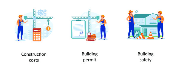 Construction costs, building permit, building safety. Construction business abstract concept vector illustration set.