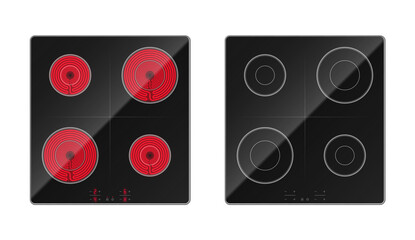 Black induction cooktop electric stove panel realistic set vector glass ceramic cooking hob - obrazy, fototapety, plakaty
