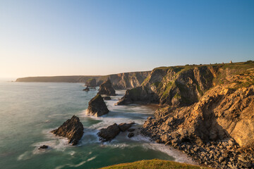 Sunset at Bedruthan Steps cliffs, North Cornwall, UK