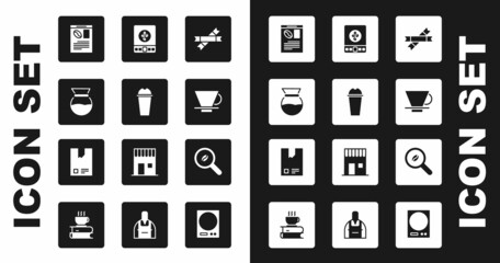 Set Sugar stick packets, Milkshake, Pour over coffee maker, Newspaper and, V60, Electronic scales, Selection beans and Bag icon. Vector