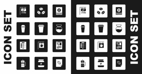 Set Electronic coffee scales, Coffee cup to go, Milkshake, Street signboard, Pour over maker, beans, Newspaper and and menu icon. Vector