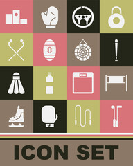 Set Golf club, Volleyball net, Baseball bat, Steering wheel, American Football, Ice hockey sticks, Award over sports winner podium and Classic dart board icon. Vector