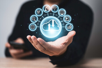 Businessman holding and giving virtual cloud computing with copy space to transfer data information...
