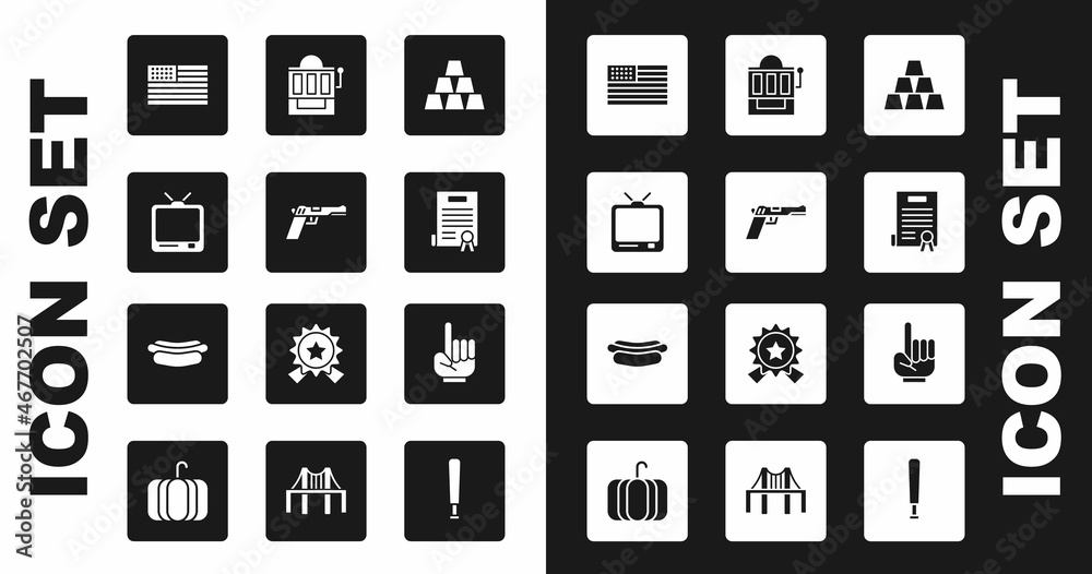 Sticker Set Gold bars, Pistol or gun, Retro tv, American flag, Declaration of independence, Slot machine, Number 1 one fan hand glove and Hotdog sandwich icon. Vector