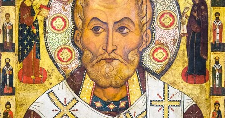 Antique Russian orthodox icon of St. Nicholas on wooden board, 14-16th century