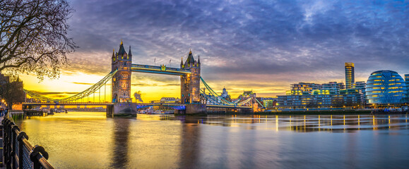 Tower Bridge at sunrise in London, England