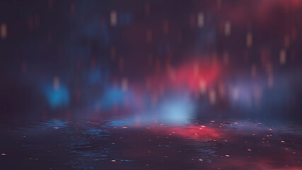 Futuristic fantasy night landscape with abstract landscape and island, moonlight, radiance, neon. Dark natural scene with light reflection in water. Neon space galaxy portal. 3D illustration. 